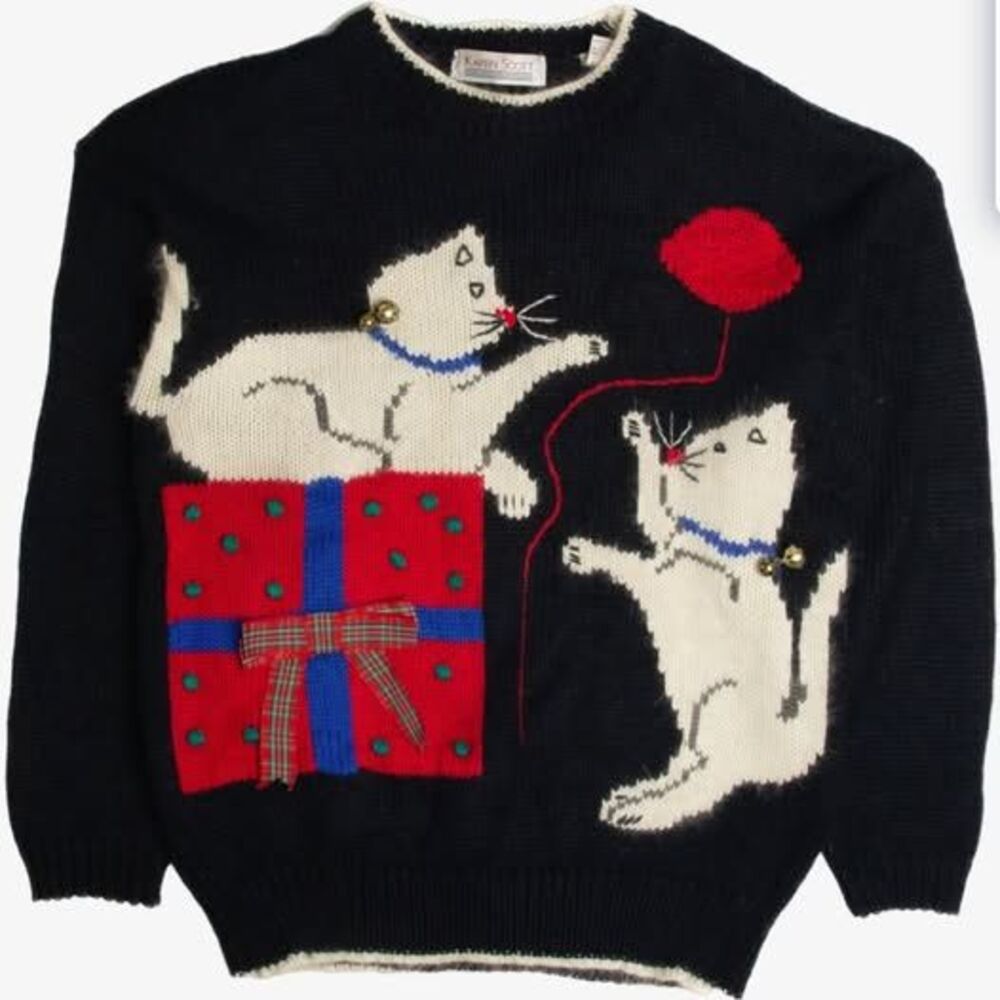 Vintage 80s Karen Scott Kittens Playing Ugly Christmas Sweater Jingle Bells